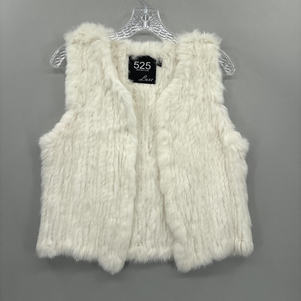 525 America Vest Womens Medium White Rabbit Fur Luxe Open Front Short Cozy